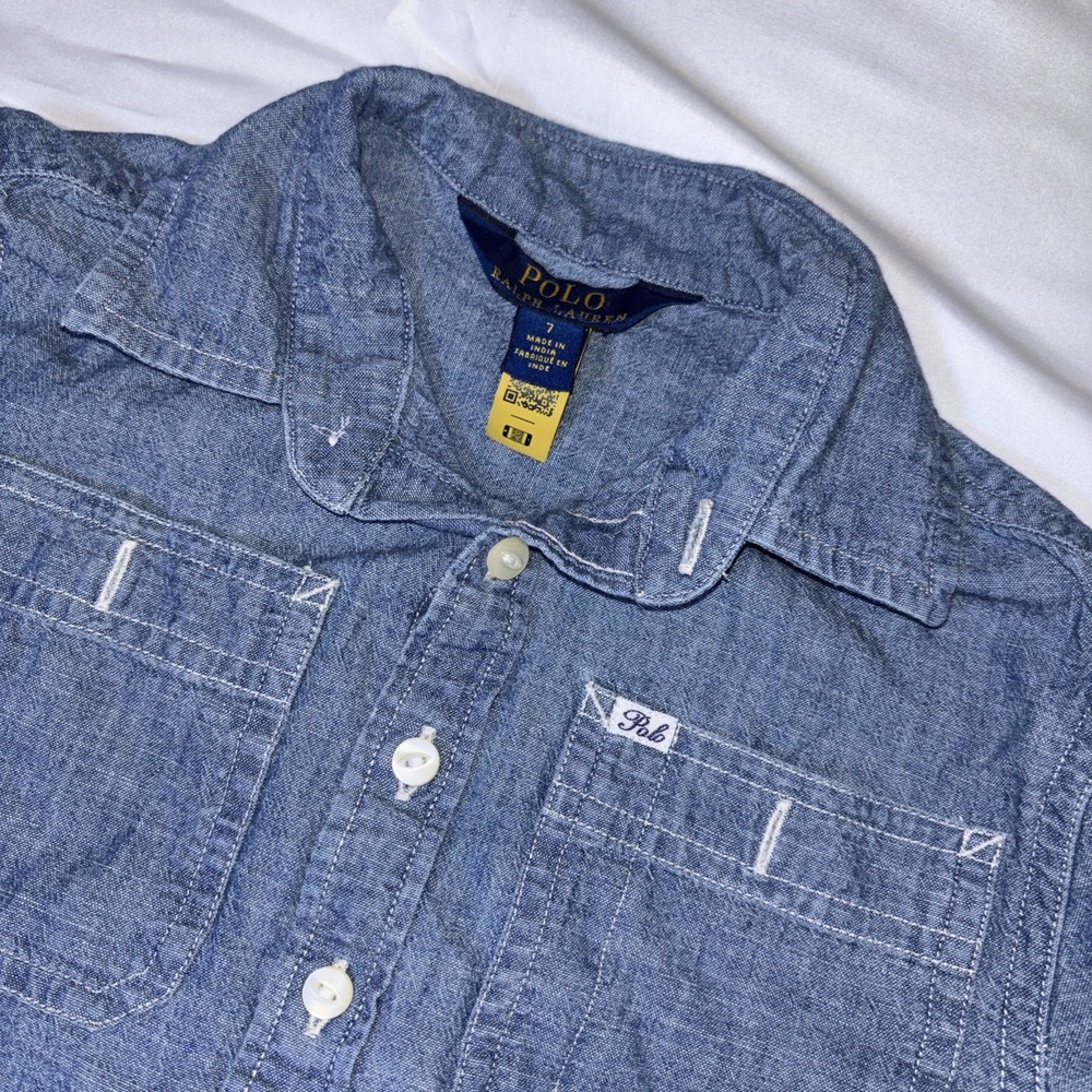 Polo Ralph Lauren Shirt Dress Girls 7 Blue Chambray Tiered Long Sleeve Preppy